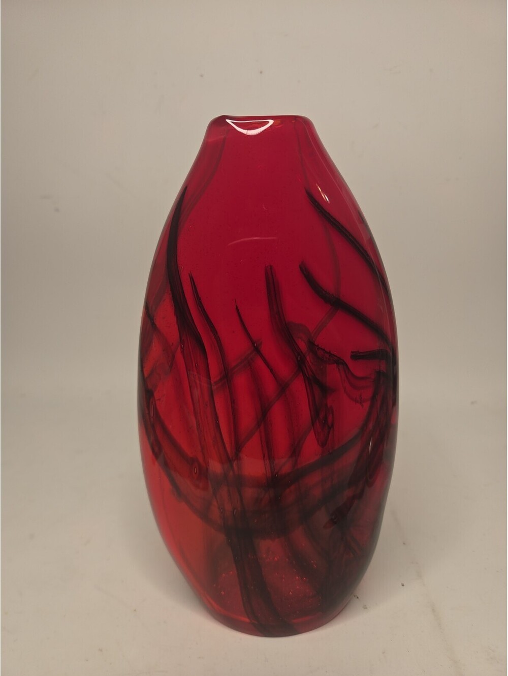 Vintage Red Art Glass Vase Black Swirl Webbed Abstract Teardrop 10.5" x 6" Heavy